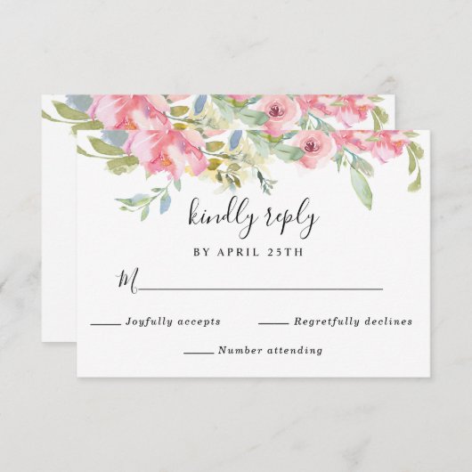 Zacht Roze Bloemen Waterverf Bruiloft RSVP Informatiekaartje (Voorkant / Achterkant)