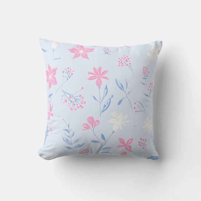 Zacht Roze en Blauwe Bloemen Sierkussen (Voorkant)