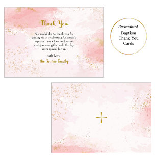 Zacht Roze en Faux Goud Glitter Orthodoxe Doop Bedankkaart