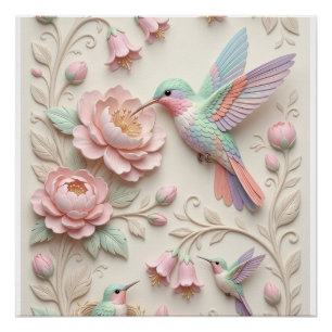 Zacht Roze Geboetseerd Vogels En Bloemen Patroon F Perfect Poster
