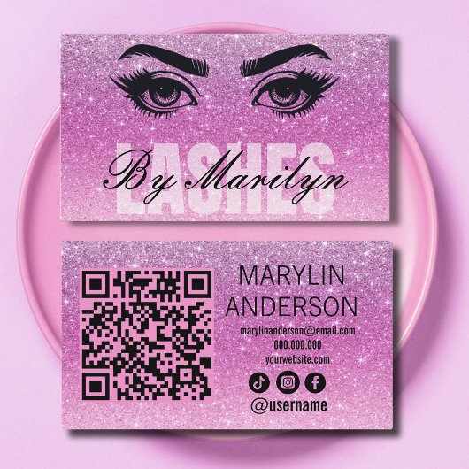Zacht Roze Glitter Ombre Lash Tech met QR-code Visitekaartje