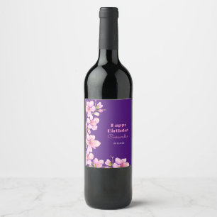 Zacht Roze Kersenbloesem Sakura Paarse Verjaardag Wijn Etiket