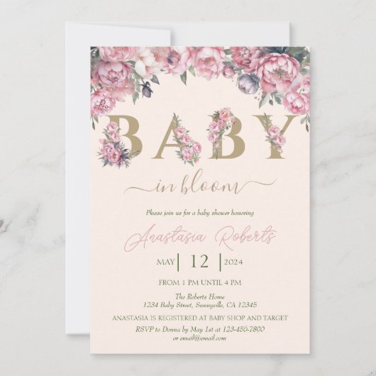Zacht roze pioenen Elegant Floral Baby shower Kaart (Voorkant)