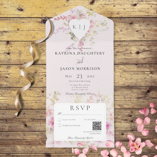 Zacht Roze Romantisch Hart  Bloemen QR Code All In One Uitnodiging