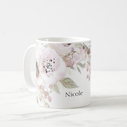 Zacht roze Waterverf Elegant Floral Chic Flowers Koffiemok (Voorkant links)