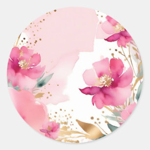 Zacht roze Waterverf met gouden bloemen Ronde Sticker