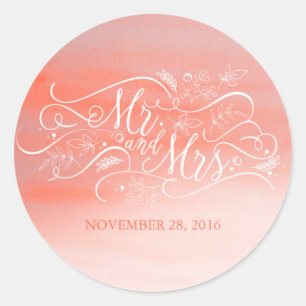 Zacht Roze Waterverf Moderne Typografie Bruiloft Ronde Sticker