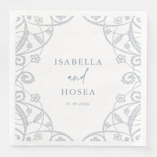  zacht stoffig blauw zilver bloemenkant bruiloft servet