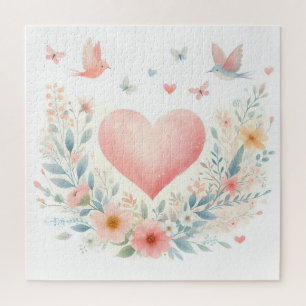 Zacht Waterverf Hart Liefde Bloemen Vogels Legpuzzel