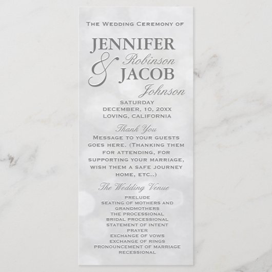 Zacht Zilver en Wit Bokeh Lights Wedding Program Programma (Voorkant)