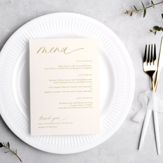 Zachta Romantische Script Crème Gouden Trouwmenu's Menu