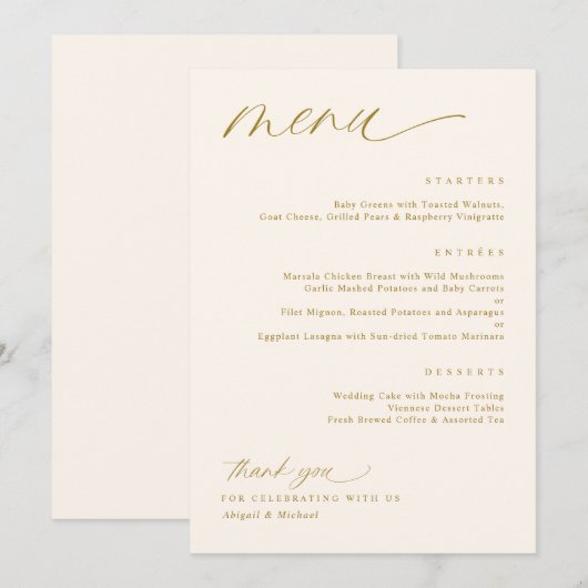 Zachta Romantische Script Crème Gouden Trouwmenu's Menu (Voorkant / Achterkant)