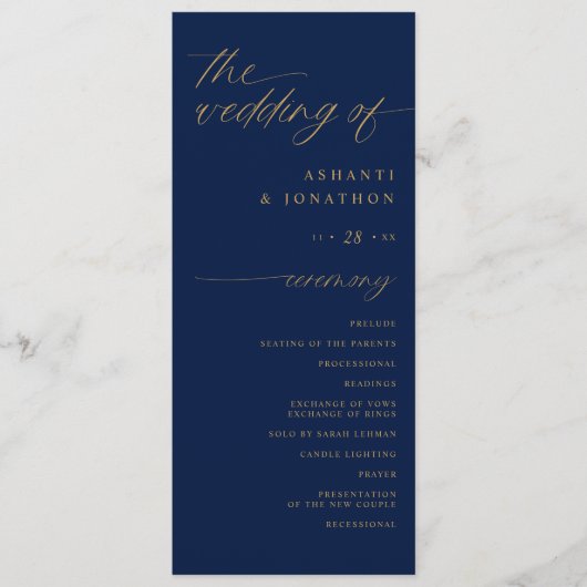 Zachta Romantische Script Navy Blauwe en Gouden Tr Programma (Voorkant)