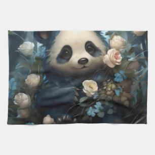 Zachtaardige panda beer tussen jungle rozen theedoek