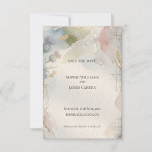 Zachtaartenkaart met zachte aquarel Schotse distel Save The Date