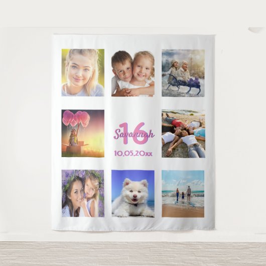 Zachte 16 aangepaste fotocollage wit roze wandkleed (Voorkant)