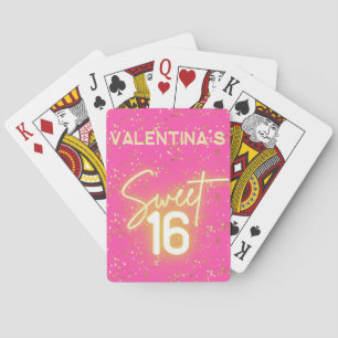 Zachte 16 Roze Neon Gloed Gouden Glitters Verjaard Pokerkaarten