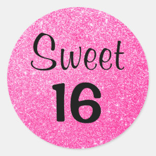 Zachte 16 Zestien Zwart & Heet Roze Glitters Glins Ronde Sticker