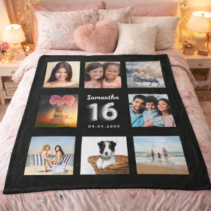 Zachte 16 zwart zilveren fotocollage naam fleece deken