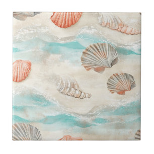 Zachte Aqua en Koraal Schelpen met Zeester Detail Tegeltje