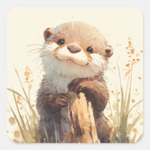Zachte Baberotter Houdt Houten Stam in Water Vast Vierkante Sticker