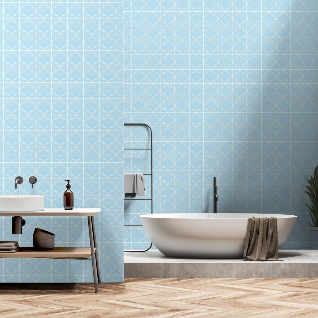 Zachte baby blauw en witte marokkaanse mock tegels behang (Badkamer)