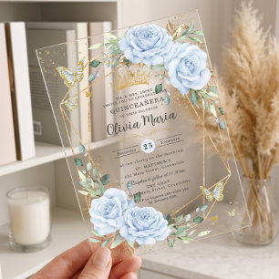 Zachte babyblauwe bloem vlinders goud Quinceanera Acryl Uitnodigingen
