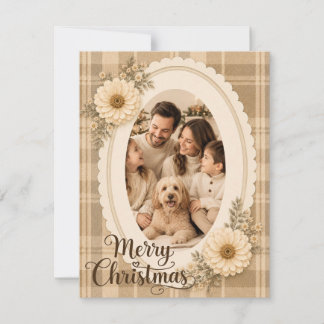 Zachte beige retro gingham foto Kerstmis Feestdagenkaart