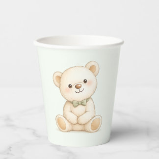 Zachte beige waterverf teddybeer met saliegroen papieren bekers