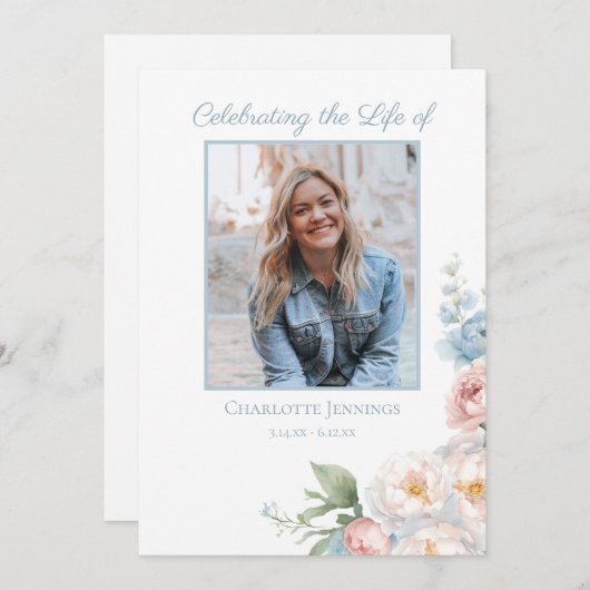 Zachte Blauwe Bloemen Begrafenis Gedenkteken Orde  Programma (Voorkant / Achterkant)