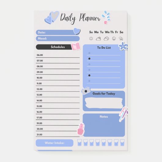 Zachte Blauwe Dagelijkse Planner met Stemming & Wa Post-it® Notes (Voorkant)
