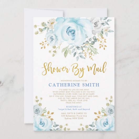 Zachte blauwe gouden Rozen Baby shower per post vi Kaart (Voorkant)