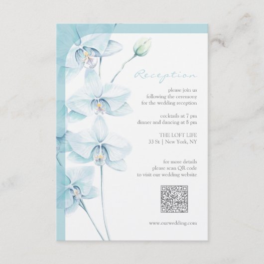 Zachte blauwe Orchidee bruiloft receptie Informatiekaartje (Voorkant)