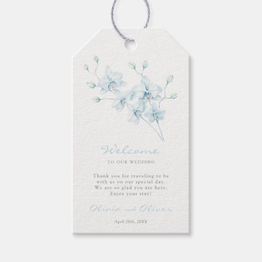 Zachte Blauwe Orchidee Bruiloft Welkom Cadeaulabel (Voorkant)