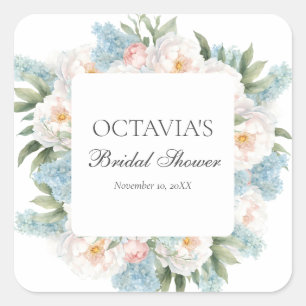 ZACHTE BLAUWE ROZE BLOEIENDE BLOEMEN BRUIDS MONOGR VIERKANTE STICKER