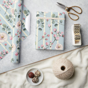 Zachte Blauwe Streep Bloemen Cadeaupapier