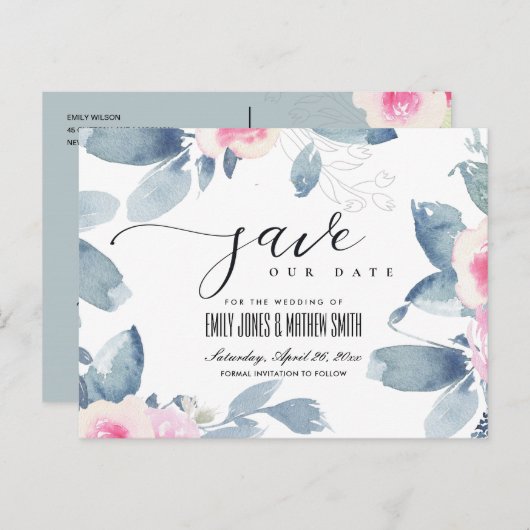 ZACHTE BLAUWE WATERVERF BEWAREN DE DATUM AANKONDIGINGSKAART (Voorkant / Achterkant)