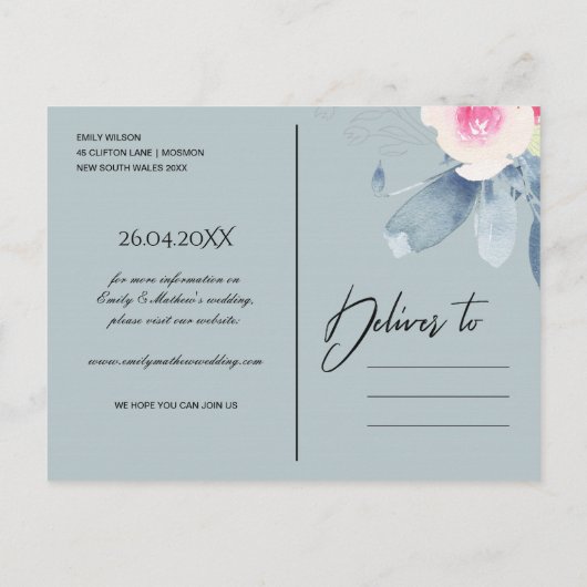 ZACHTE BLAUWE WATERVERF BEWAREN DE DATUM AANKONDIGINGSKAART (Achterkant)