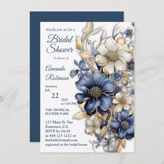 Zachte blauwe, witte bloemen & gouden ets kaart (Voorkant / Achterkant)