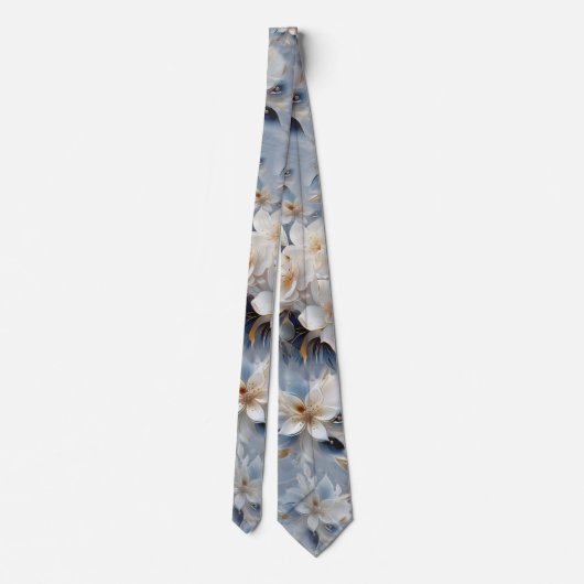 Zachte blauwe, witte en gouden bloemen op zijde stropdas (Achterkant)