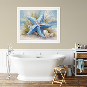 Zachte Blauwe Zeester Kust Muur Kunst Print Post