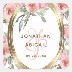 Zachte Blush Bloemen Goud Lijst Waterverf Bruiloft Vierkante Sticker