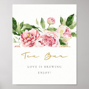 Zachte Blush Bloemen Pioen Waterverf Tea Bar Sign Poster