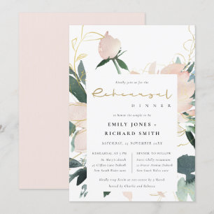 ZACHTE BLUSH GOLD FLORAL WATERVERF REHEARSAL DINNE KAART