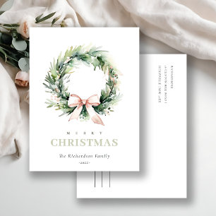 Zachte Blush Groene Kerst Krans Waterverf Feestdagenkaart