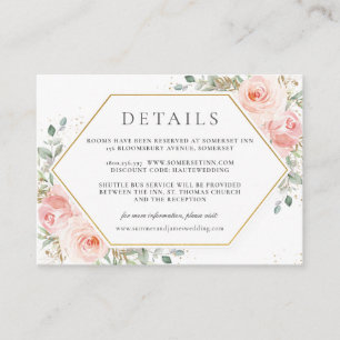 Zachte Blush Roze Bloemen Goud Bruiloft Details Informatiekaartje