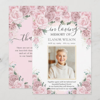 Zachte Blush Roze Bloemige Foto Rouw Herdenking Bedankkaart