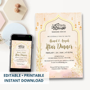 Zachte Blush Roze Bloemige Ramadan Iftar-diner Kaart