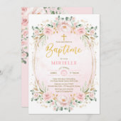 Zachte Blush Roze Goud Bloemen Meisje Doop Frans Kaart (Voorkant / Achterkant)