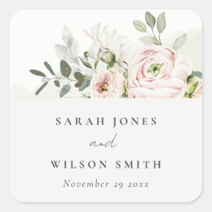 Zachte Blush Roze Pioenrozen Eucalyptus Bruiloft Vierkante Sticker